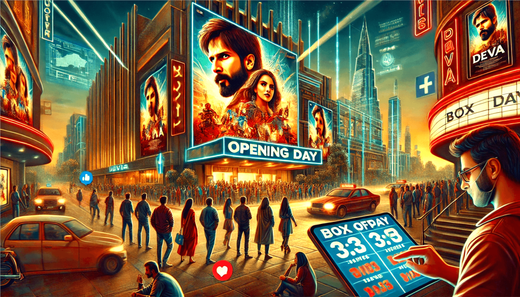 Illustration of the bustling premiere of the movie "Deva," featuring excited crowds, glowing marquee lights, and dynamic urban energy.